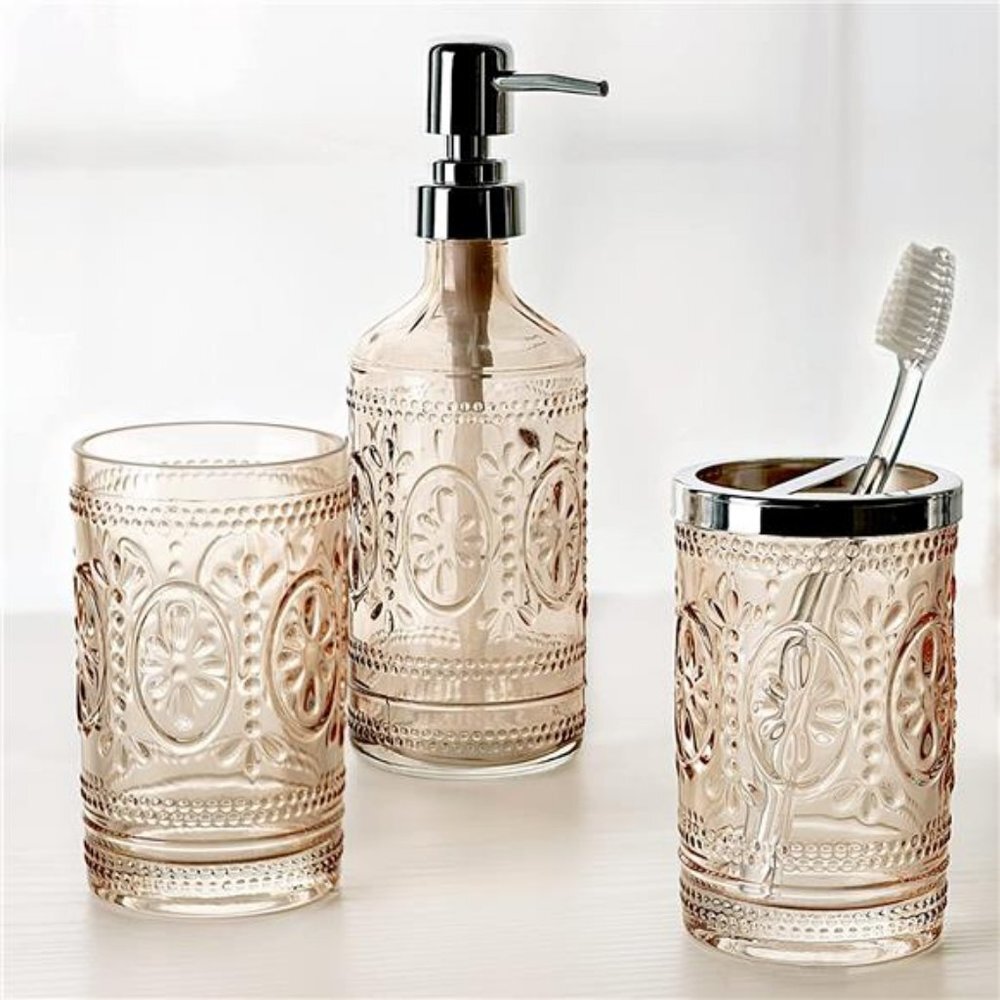 3-Piece Floral Hedge Tinted Glass Bathroom Accessory Set Blush Pink - Picture 4 of 7